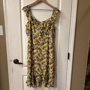 Ann Taylor Loft Yellow Gray Ruffle Strap Midi Dress 10 Fairy Y2K Floral Cottage